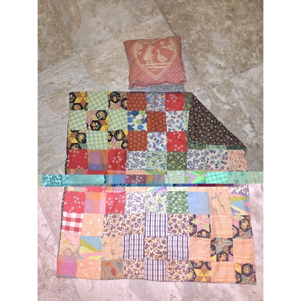 Vintage Handmade Patchwork Quilt & Pillow (Doll Size)